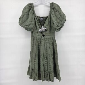 Angie Dress Medium Green Puff Sleeve Twist Front Eyelet Boho Western Coquette